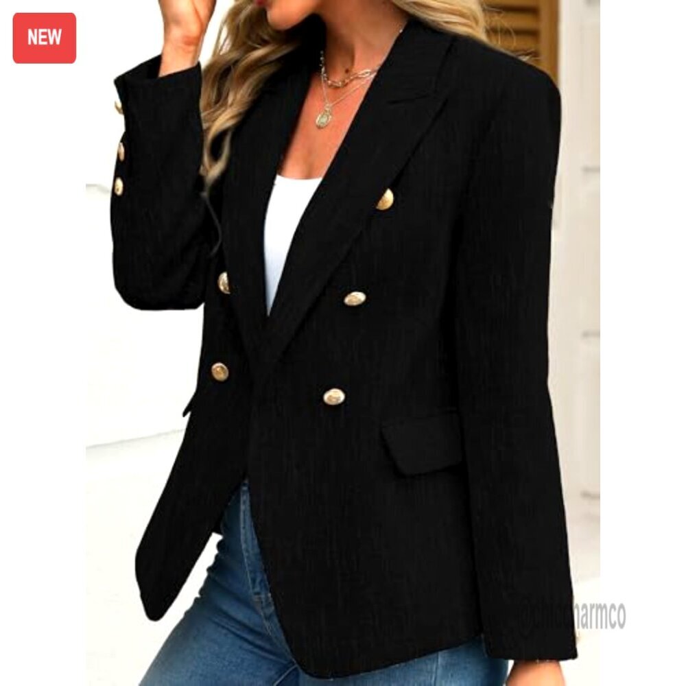 Black Double-Breasted Women's Blazer Jacket - Picture 3 of 7